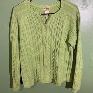 L.L. Bean Green Cable Knit Button Up Cardigan